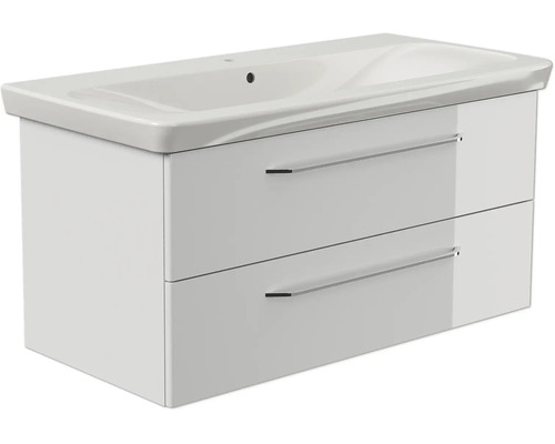 Badmöbel-Set mit Keramik-Waschtisch und Waschbeckenunterschrank mit zwei Schubladen und Metallgriffen.