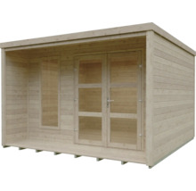 Abri de jardin moderne en bois naturel avec toit plat, double porte vitrée et une fenêtre latérale étroite.