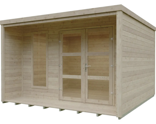 Abri de jardin moderne en bois naturel avec toit plat, double porte vitrée et une fenêtre latérale étroite.