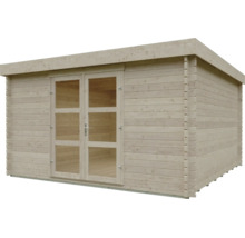 Abri de jardin en bois avec toit plat et double porte avec vitrages.