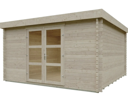 Abri de jardin en bois avec toit plat et double porte avec vitrages.