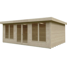Abri de jardin en bois avec toit plat, double porte vitrée et grandes fenêtres du sol au plafond.