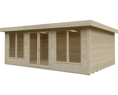 Abri de jardin en bois avec toit plat, double porte vitrée et grandes fenêtres du sol au plafond.