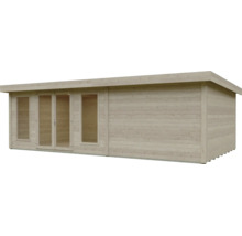 Abri de jardin moderne en bois clair avec toit plat, double porte vitrée et deux grandes fenêtres.
