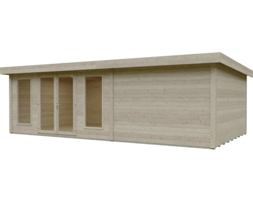Abri de jardin moderne en bois clair avec toit plat, double porte vitrée et deux grandes fenêtres.