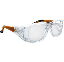 Lunettes de protection transparentes en plastique avec branches orange et noires et protection latérale pour porteurs de lunettes.