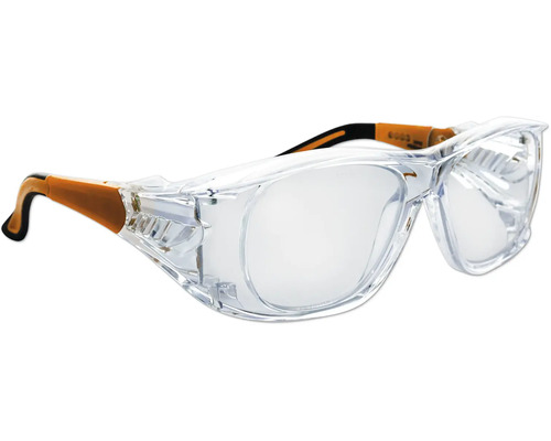 Lunettes de protection transparentes en plastique avec branches orange et noires et protection latérale pour porteurs de lunettes.