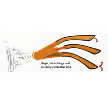 Lunettes de protection avec branches réglables en longueur et en inclinaison.