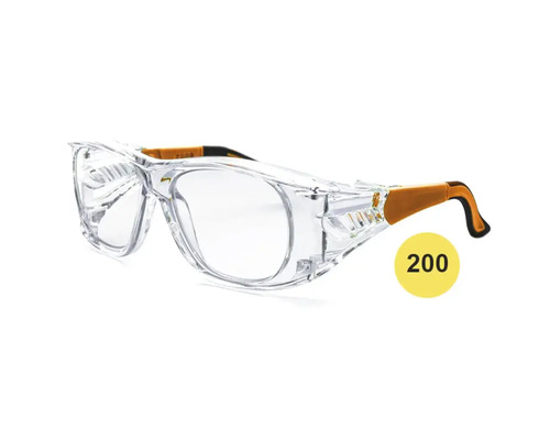 Lunettes de protection pour porteurs de lunettes avec verres clairs et branches réglables.