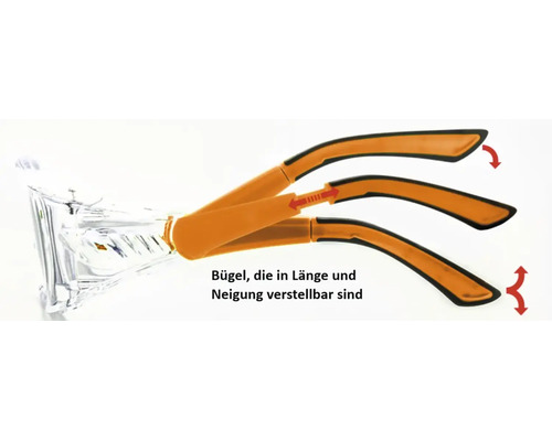 Lunettes de protection avec branches réglables en longueur et en inclinaison.