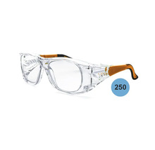 Sur-lunettes de protection avec monture transparente et branches réglables orange et noires.