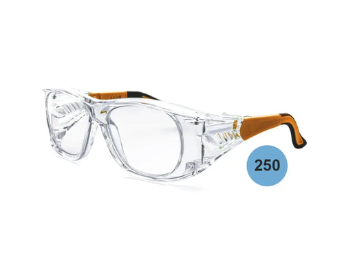Sur-lunettes de protection avec monture transparente et branches réglables orange et noires.