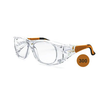 Lunettes de protection avec verres transparents, protection latérale et branches jaune et noir.