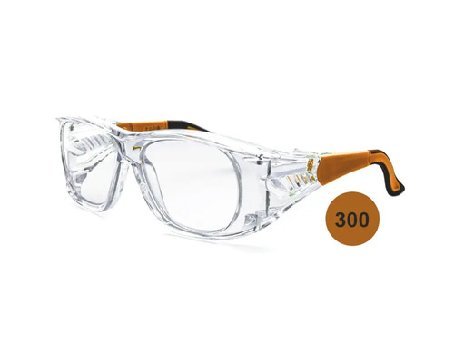 Lunettes de protection avec verres transparents, protection latérale et branches jaune et noir.