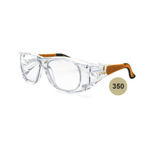 Lunettes de protection transparentes avec protection latérale et branches orange et noires.