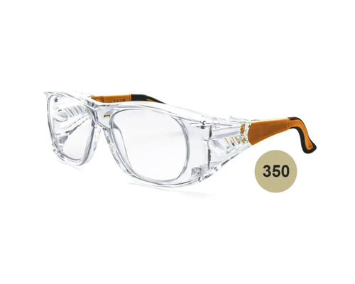 Lunettes de protection transparentes avec protection latérale et branches orange et noires.