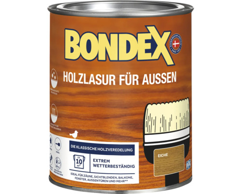 Bondex Holzlasur für außen im Farbton Eiche, extrem wetterbeständig, geeignet für Zäune, Sichtblenden und Balkone.