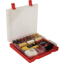 Kit de réparation pour parquet et stratifié avec Werkzeit Logo, bâtons de cire dure, fondeur et grattoir dans un coffret en plastique rouge.