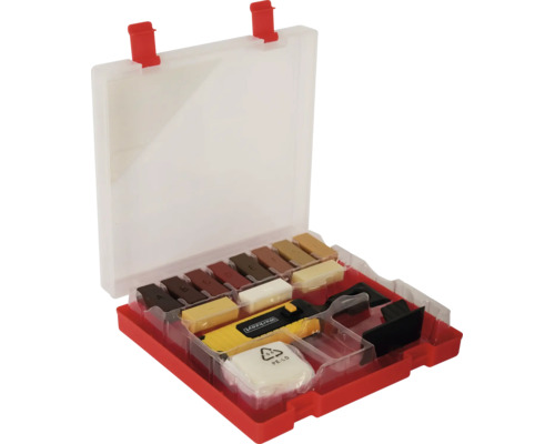 Kit de réparation pour parquet et stratifié avec Werkzeit Logo, bâtons de cire dure, fondeur et grattoir dans un coffret en plastique rouge.