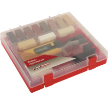 Kit de réparation de sol Werkzeyt pour stratifié, liège et parquet dans un coffret en plastique avec fondeur et bâtons de cire dure.