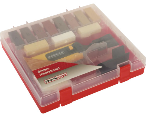 Kit de réparation de sol Werkzeyt pour stratifié, liège et parquet dans un coffret en plastique avec fondeur et bâtons de cire dure.