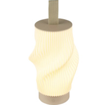 Tragbare LED-Tischleuchte mit geriffeltem Gehäuse, Textiltrageschlaufe und Ein-Ausschalter am Sockel.