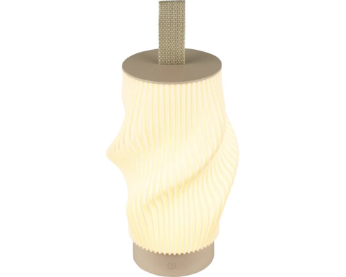 Tragbare LED-Tischleuchte mit geriffeltem Gehäuse, Textiltrageschlaufe und Ein-Ausschalter am Sockel.