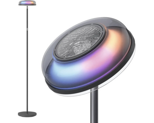 Lampadaire LED moderne avec socle rond et tête circulaire plate à effet de changement de couleur.