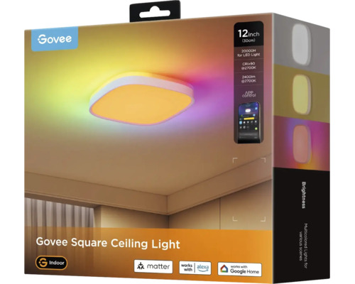 Plafonnier carré Govee 30 centimètres avec technologie LED multicolore et contrôle via application. Compatible Matter, Alexa et Google Home.