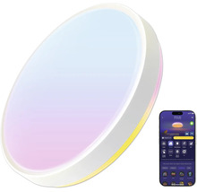 Plafonnier intelligent rond avec contrôle via une application smartphone pour des couleurs de lumière et une luminosité réglables.