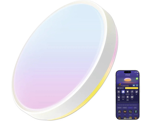 Plafonnier intelligent rond avec contrôle via une application smartphone pour des couleurs de lumière et une luminosité réglables.