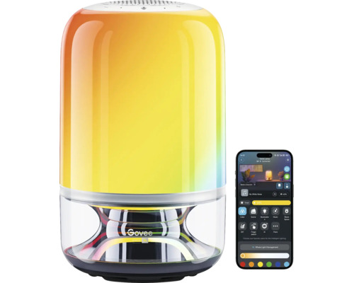 Lampe de table intelligente Govee avec Govee Logo, effet lumineux multicolore et contrôle via une application pour smartphone.