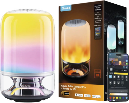 Lampe de table Govee 2 Pro avec haut-parleur JBL, commande par application et emballage avec prise en charge de Matter et commande vocale.