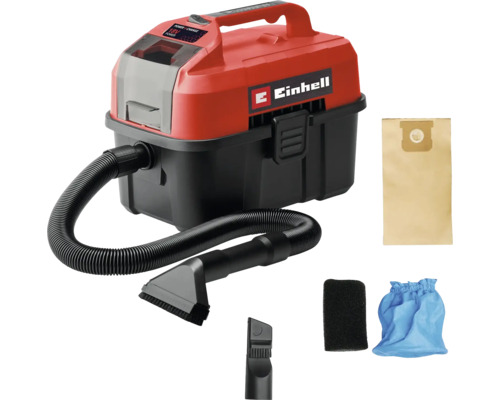 Einhell Akku-Nass-Trockensauger mit Saugschlauch, Fugendüse, Polsterdüse, Papierbeutel, Schaumstofffilter und Stofffilter.