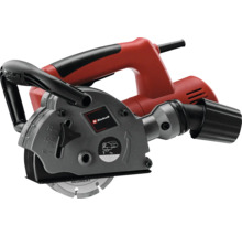Rainureuse Einhell rouge et noire avec profondeur de coupe réglable, adaptateur pour aspiration et disque diamant segmenté.