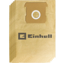 Cinq sacs d aspirateur Einhell en papier avec bride en carton et Einhell Logo.