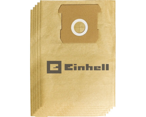 Cinq sacs d aspirateur Einhell en papier avec bride en carton et Einhell Logo.