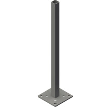 Poteau métallique carré avec platine de fixation et trous de montage.