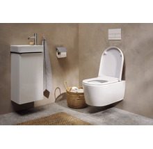 Modernes Gäste-WC mit wandhängender Toilette, weißem Waschtischunterschrank, Handwaschbecken und Aufbewahrungskorb vor Wänden in Betonoptik.