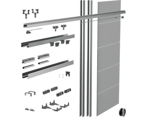 Kit de système de porte coulissante avec rails, profilés de guidage, chariots à roulettes, accessoires de montage et panneau de porte.