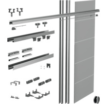 Kit de système pour porte coulissante avec rails métalliques, matériel de montage, roulettes et un panneau de porte gris.