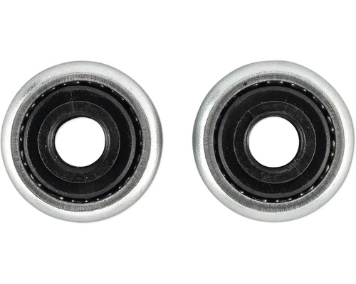 Deux galets à roulement à billes en métal et plastique pour systèmes de portes coulissantes.