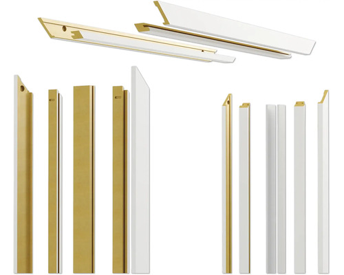 Profile und Rahmenteile für Duschkabinen in Gold und Weiß.