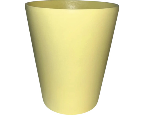 Pot de fleurs jaune de forme conique avec une surface mate.