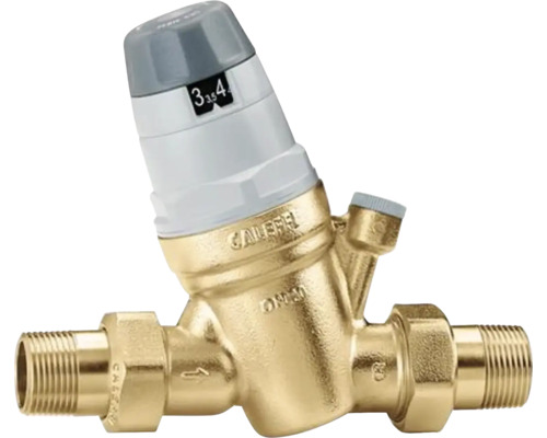 Réducteur de pression Caleffi en laiton avec échelle de réglage et raccords filetés pour installation hydraulique.