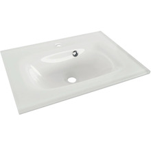 Lavabo rectangulaire en céramique blanche avec trou pour robinetterie et trop-plein.