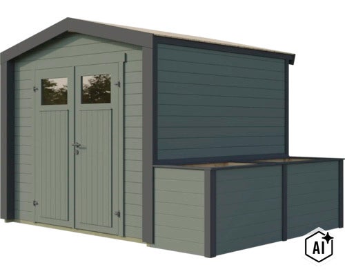 Abri de jardin en bois avec double porte et rangement pour bois de chauffage attenant (Image AI modified or generated)