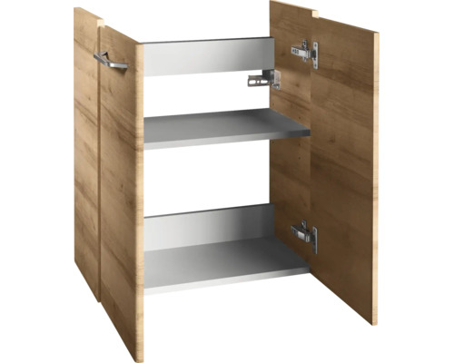 Unterschrank in Holzoptik mit zwei Auszügen und Metallgriff.
