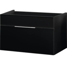 Schwarzer Waschtischunterschrank zur Wandmontage mit einem Auszug und silberfarbenem Griff.