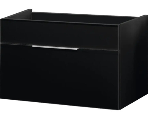 Schwarzer Waschtischunterschrank zur Wandmontage mit einem Auszug und silberfarbenem Griff.